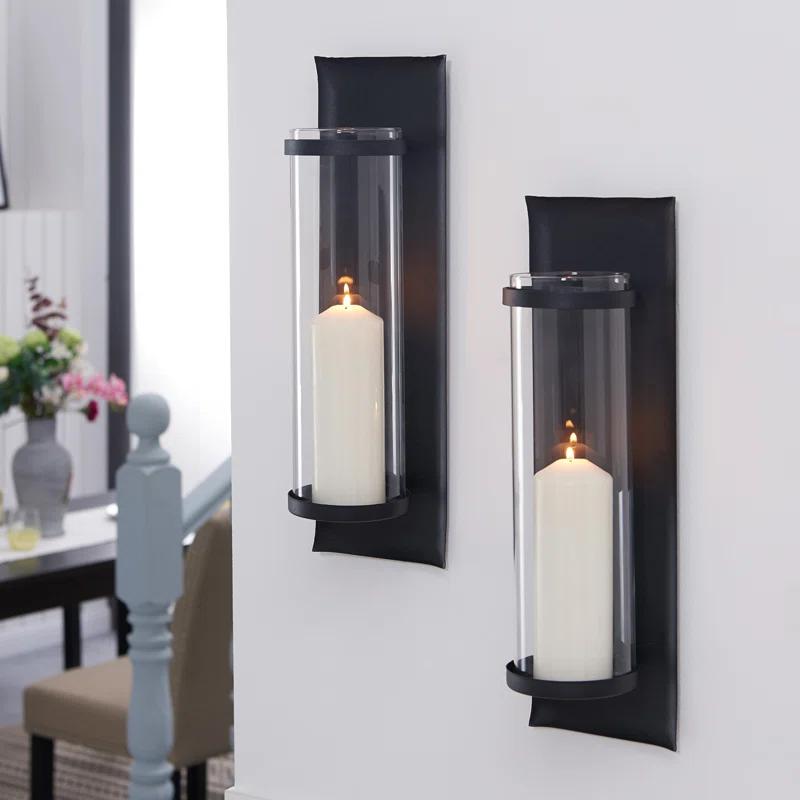 Gracie Oaks Kailun Metal and Glass Wall Sconce Candle Holder Set (Set of 2)