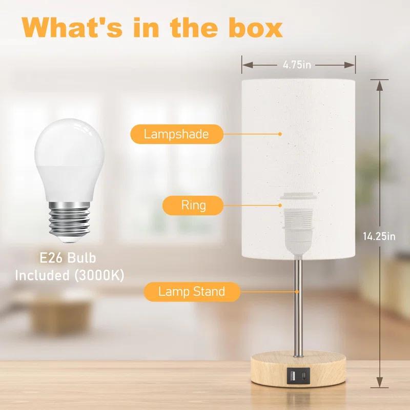 Ebern Designs Table Lamp For Bedroom, 3 Way Dimmable Touch Lamp With Dual Charging Station, Small Bedside Lamps For Night Stands, Living Room, Office(LED Bulb Included)