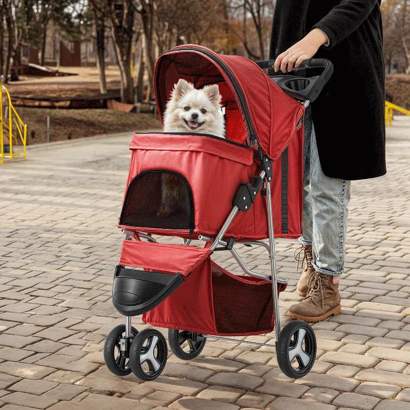 ATCHISON Foldable Pet Stroller, 3 Wheels Folding Carrier Jogger Stroller for Dogs Cats with Canopy and Basket
