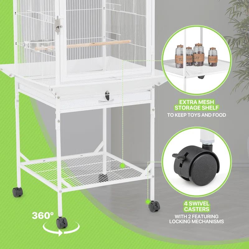 Bring Home Furniture Open Top Bird Cage with Play Area Removable Tray Wooden Perches, and Wheels Suitable for Small Birds Like Budgies Cockatiels and Parakeets