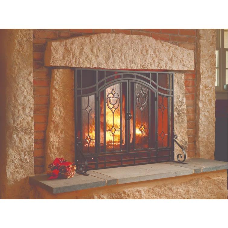 Plow & Hearth Two-Door Fireplace Screen with Tempered Glass Floral Panels