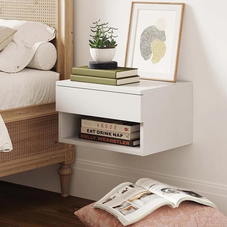 Nathan James Modern Floating Bedroom Nightstand with Storage Drawer and Open Shelf Cubby