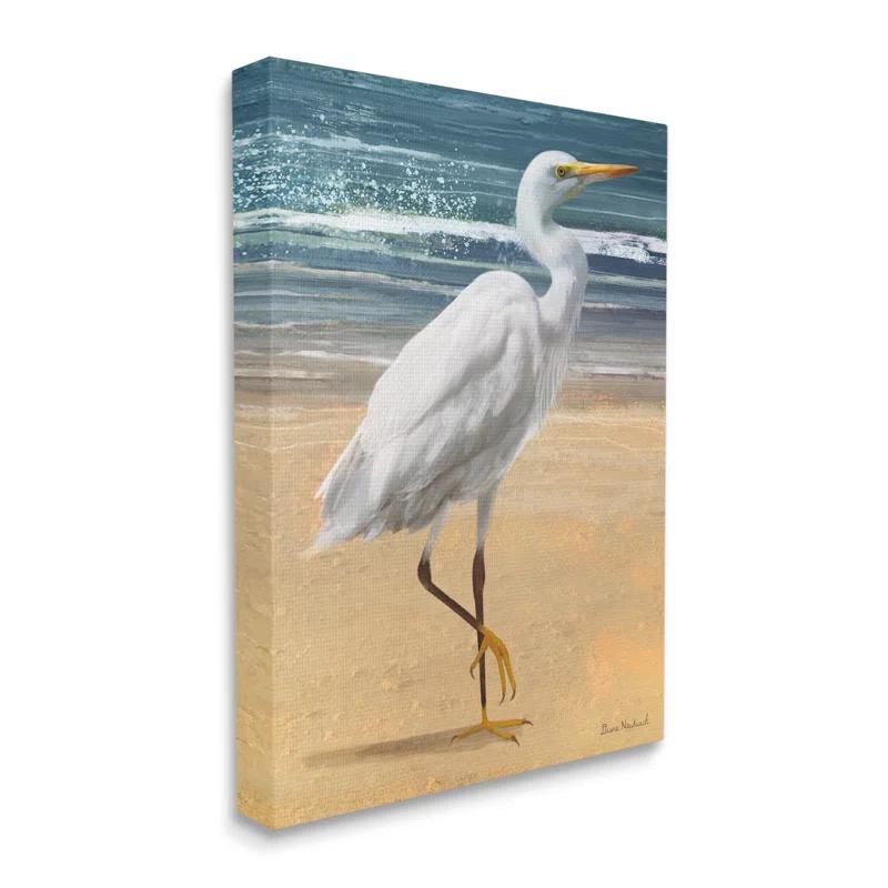 Stupell Industries " White Heron Bird Standing Beach Shoreline Waves " by Diane Neukirch Painting Print