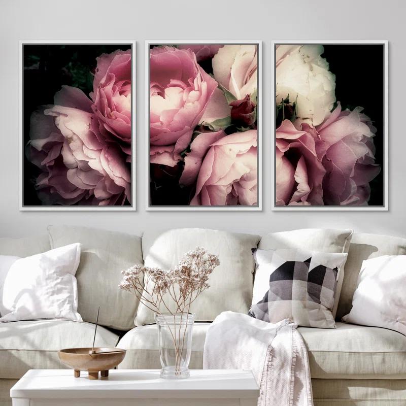 IDEA4WALL Flower Blossom " Pink Rose Peony Bouquet Floral Pictures Large Framed Canvas Print 3 Pieces Wall Art