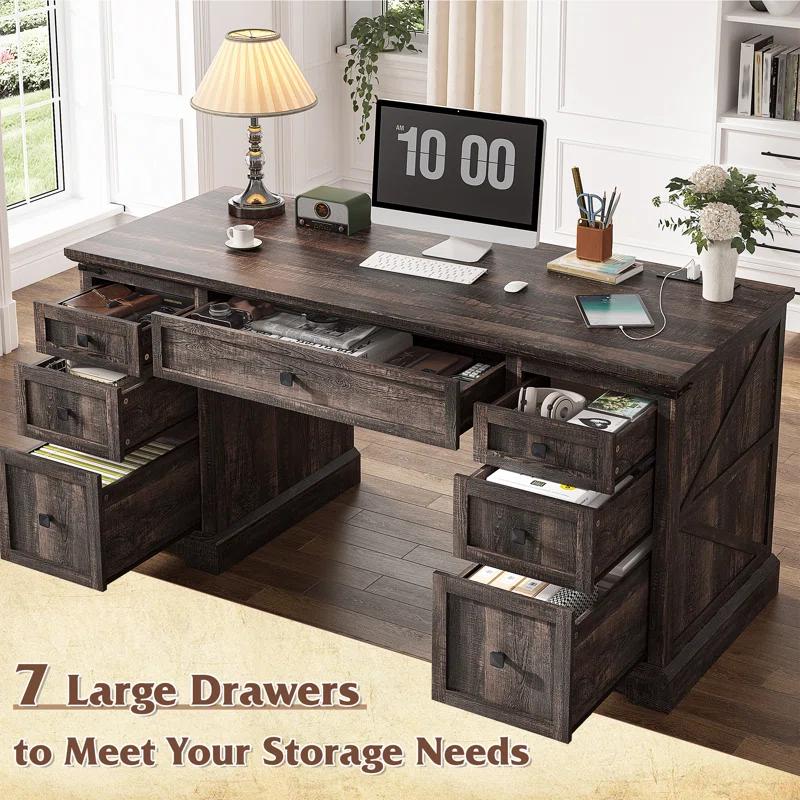 August Grove® 55'' W Computer Desk With Outlet, Farmhouse Executive Desk With 7 Drawers For Office Home