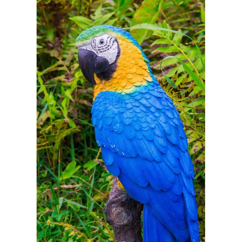 Blue and Yellow Parrot on Branch Polyresin Statue