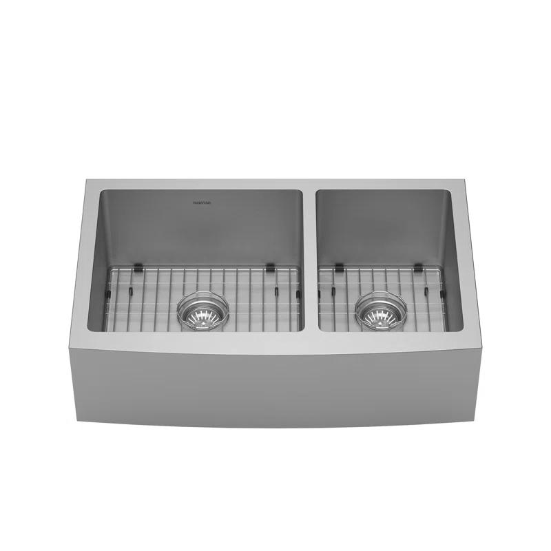 Karran 16-Gauge Stainless Steel 33'' X 22-1/4'' 60/40 Double Bowl Farmhouse Apron Front Sink Kit