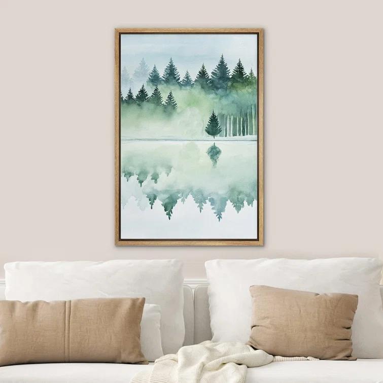 IDEA4WALL Woodland Forest Landscape " IDEA4WALL Framed Canvas Print Wall Art Woodland Nursery Decor Pastel Green Pine Tree Forest Landscape Nature Wilderness Fine Art Decorative Rustic For Living Room, Bedroom, Office "