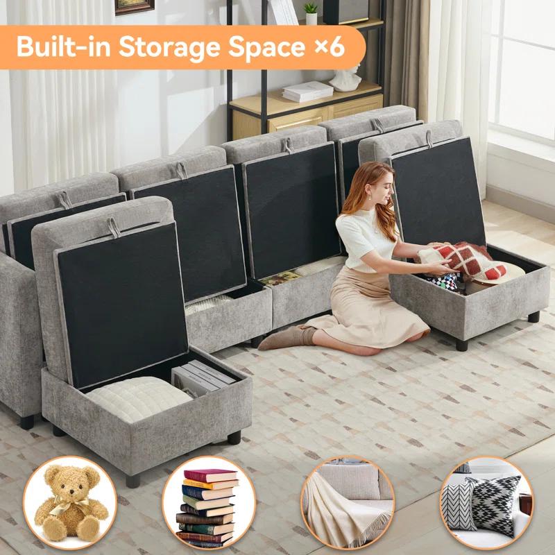 Ebern Designs 107”Modular Sectional Sofa Convertible U Shaped Sofa Couch Set With Storage For Living Room, Modern 6 Seater Modular Sectional Couch With Movable Ottoman, Chenille
