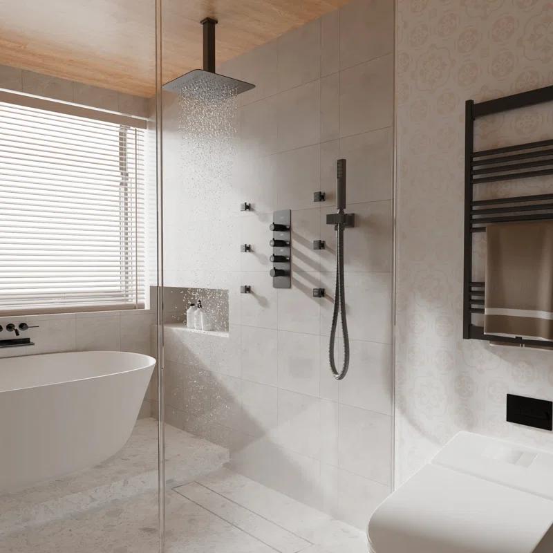 3-Function LED Light Thermostatic Rainfall Shower System with 6 Body Jets and Rough-in Valve