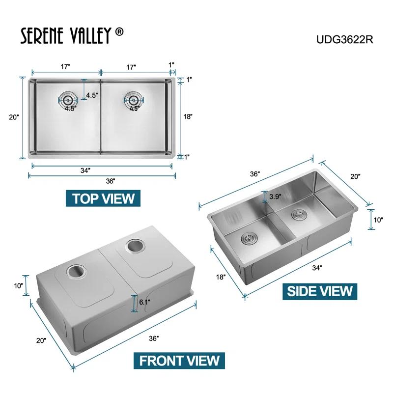 Serene Valley UDG3622R 36 in. Double Bowl Undermount Kitchen Sink, Thin Divider and Heavy-Duty Grids