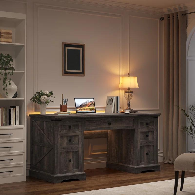 August Grove® 55'' W Computer Desk With Outlet, Farmhouse Executive Desk With 7 Drawers For Office Home