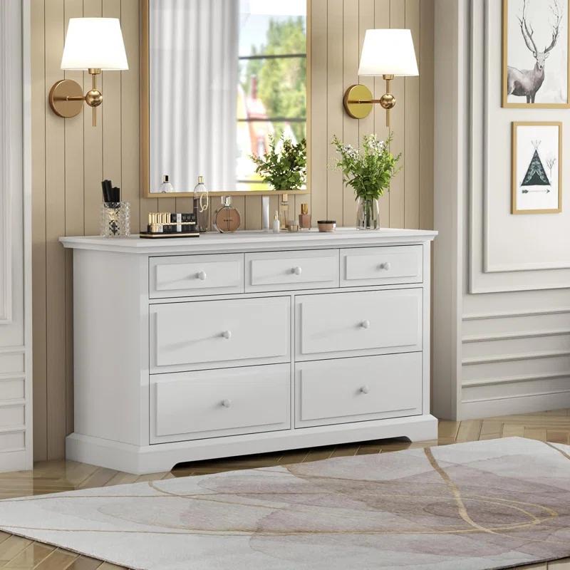 Raydyn 7 Drawers White Double Dressers Chests for Bedroom, Large Storage Dressers Organizer for Bedroom, Long Dresser Tv Stand, Vintage Solid Tall Closet Dressers with Storage for Living Room, Hallway