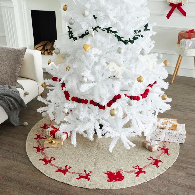 Arcadia Home Reindeer tree skirt- grey with red reindeer and cream whip stitch-72"