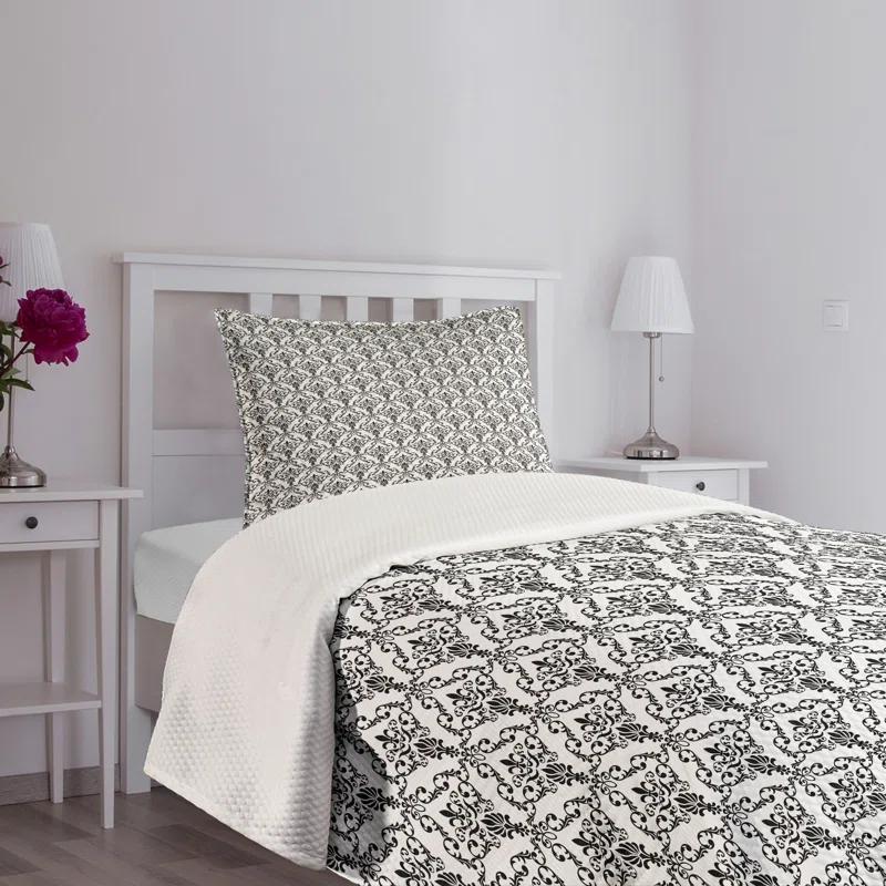 Ambesonne Ambesonne Damask Bedspread Set 2 Pcs Ornate Style Foliage Twin Black White