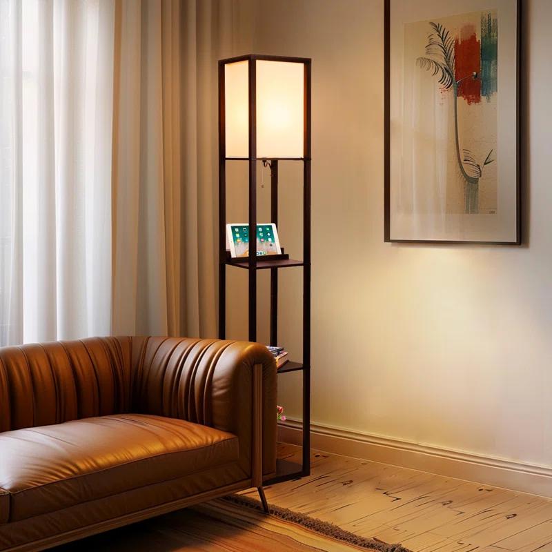 Brightech Maxwell 63 in. 3-Shelf Modern USB and Wireless Charging LED Floor Lamp with Fabric Square Shade