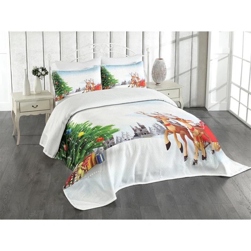 Ambesonne Ambesonne Santa Bedspread Set Snowy Village Sleigh Tree Multicolor