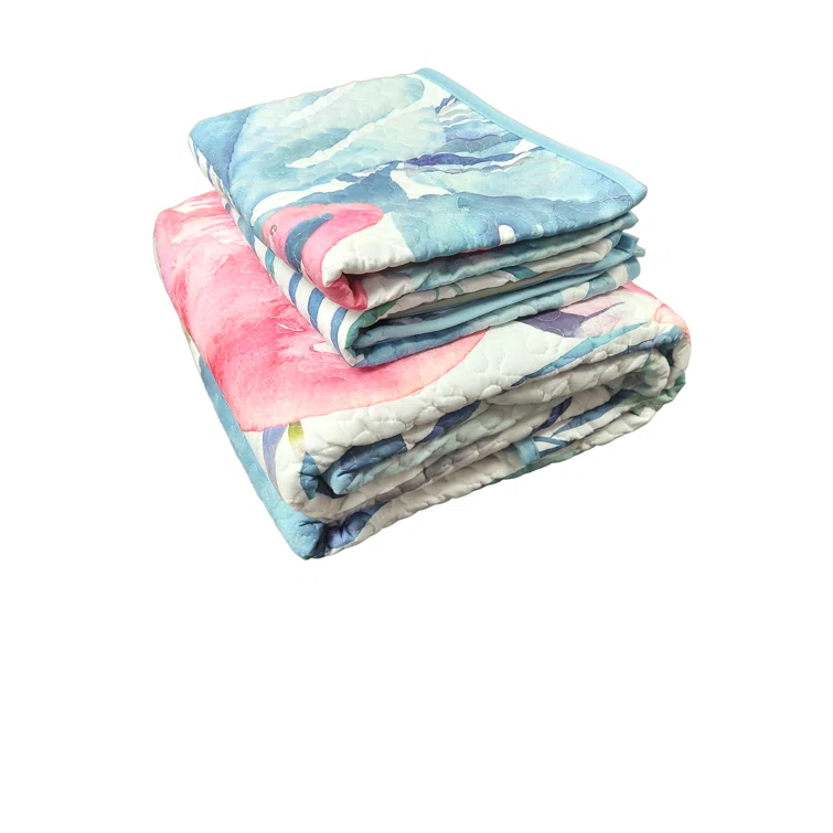 De Leon Collections Coastal Living Pink Flamingo & Aqua Palms Tropical Beach Vibes Decorative Quilt Bedding Set