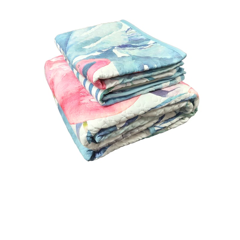 De Leon Collections Coastal Living Pink Flamingo & Aqua Palms Tropical Beach Vibes Decorative Quilt Bedding Set