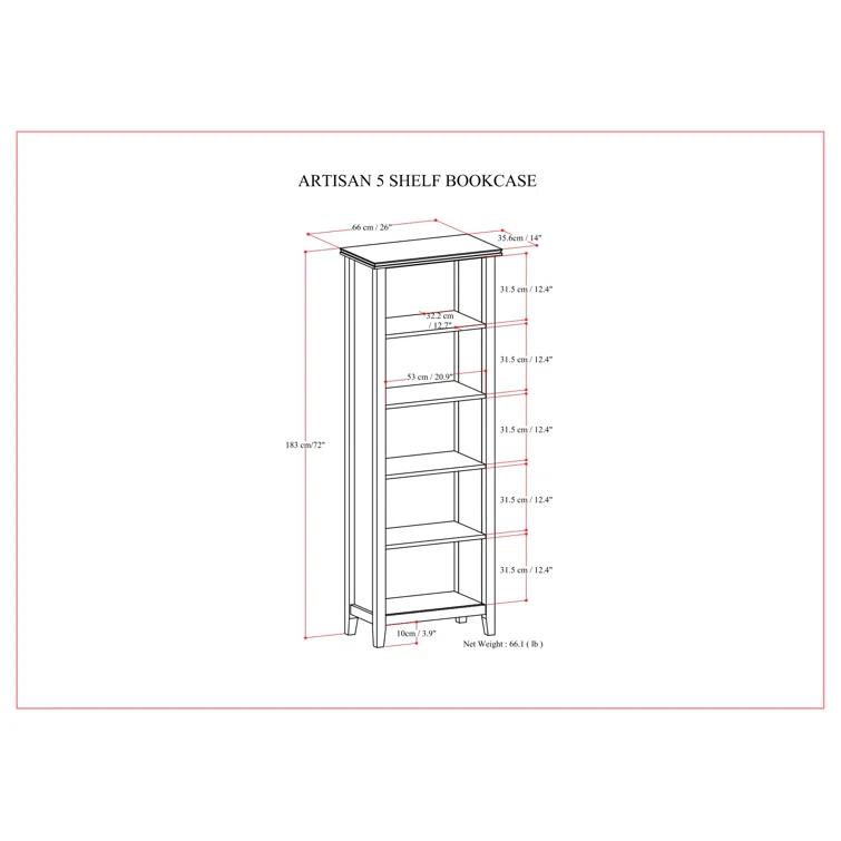 Simpli Home Artisan 26"W Solid Wood 5 Shelf Contemporary Bookcase with Adjustable Shelves