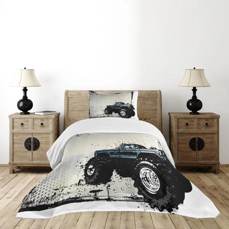 Ambesonne Ambesonne Truck Bedspread Set Halftone Monster Pickup Ivory Blue Black