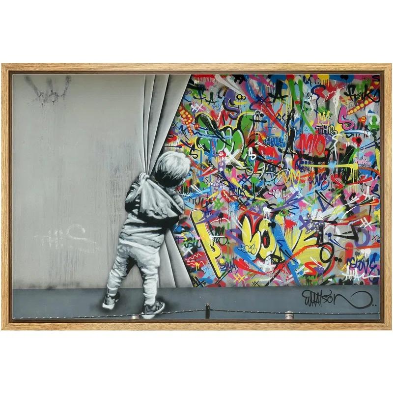 IDEA4WALL Pop Urban Street Banksy British Artist Kid Spray Paint Curtain Illusion Colorful Large Canvas Print Wall Art