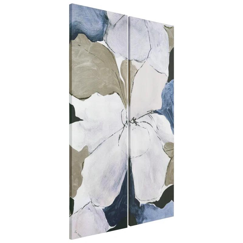 "Floral Serenity I & II", Flower Abstract Artwork on Silver Shagreen Wrapped Canvas Wall Art Set
