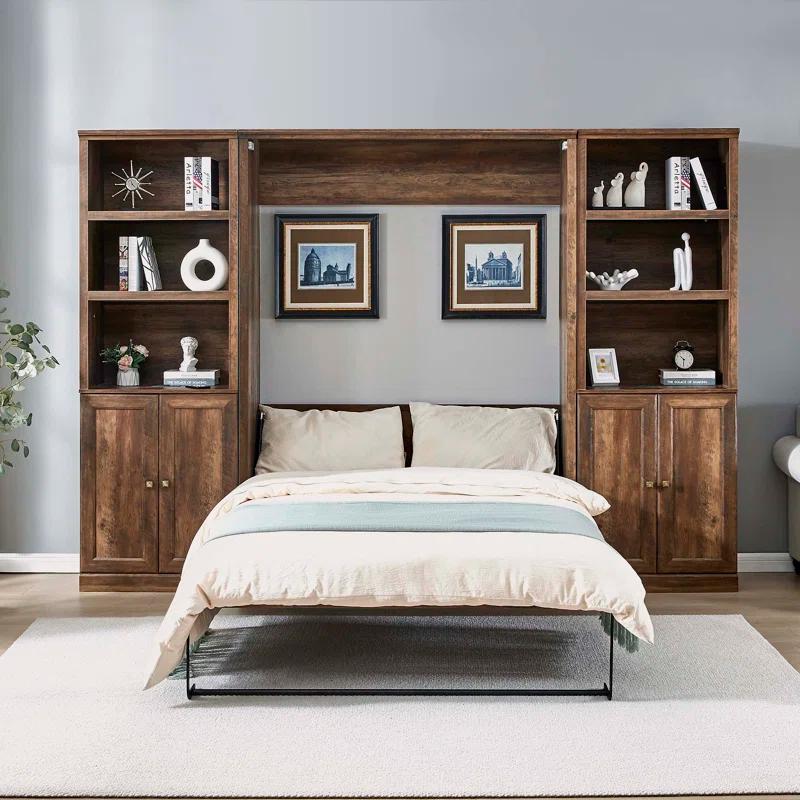 LOONGFIELD Full Size Half Self-Close And Open Murphy Bed With 2 Side Cabinet Storage Shelf, Cabinet Space-Saving Bed Perfect For Guest Room, Bed Room, Guest Room, Home Office