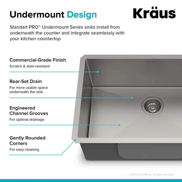 KRAUS Standart PRO™ Undermount 16 Gauge Stainless Steel Kitchen Sink