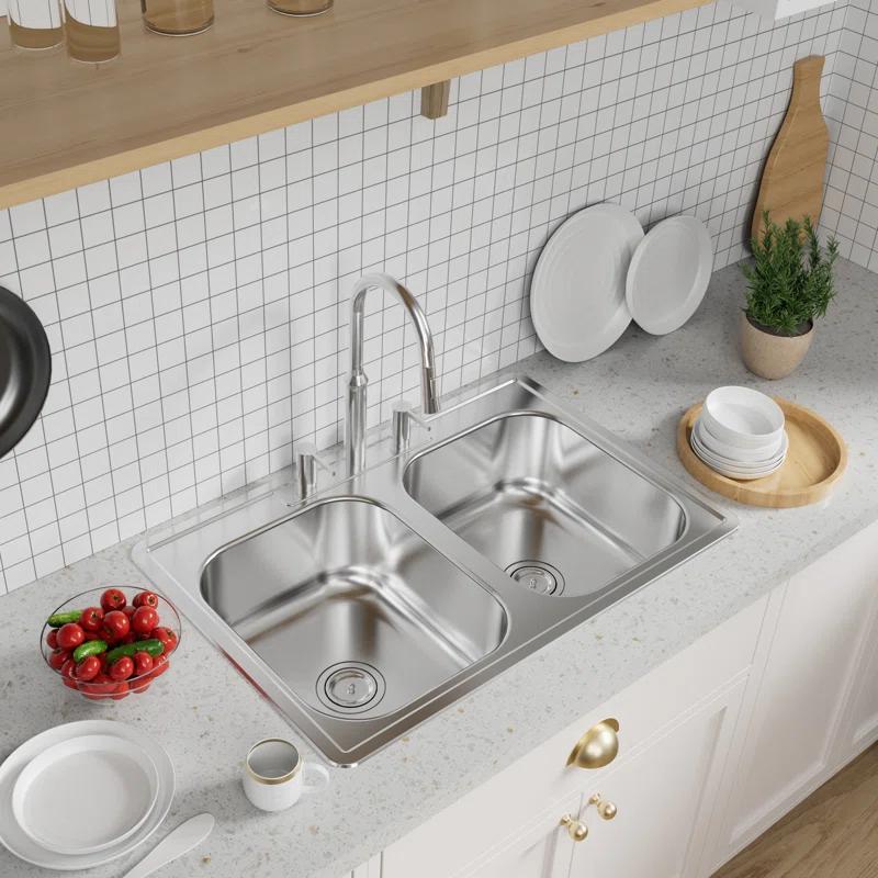 KDK HOME Stainless Steel 33" L x 22" W Drop In/Top Mount Kitchen Sink Double Bowl Stainless Steel Sink KH-3322T