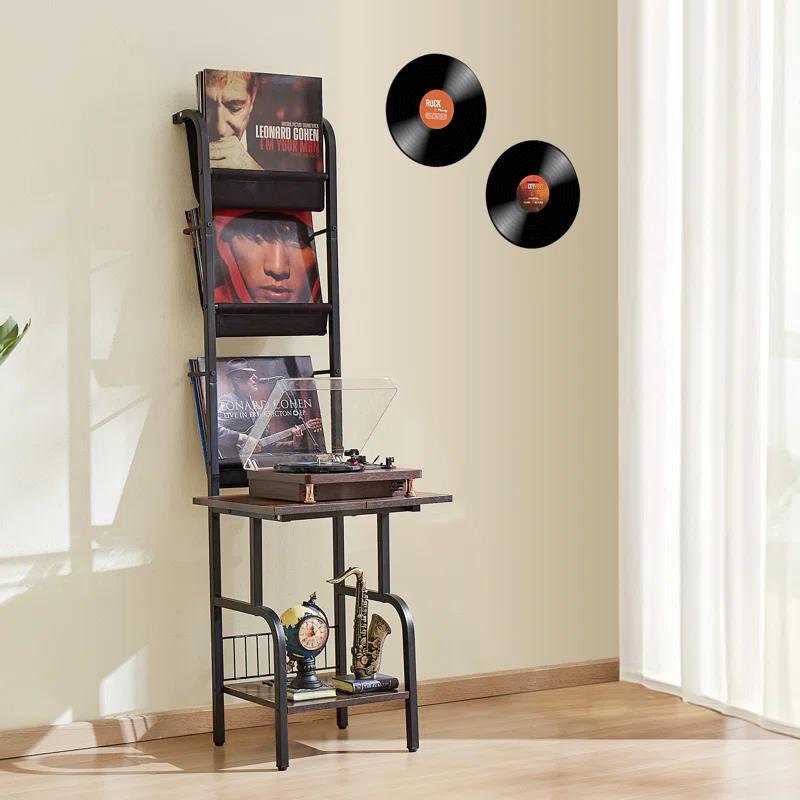 17 Stories 5 Tiers Record Player with LED Light & USB Ports Vinyl Shelf Black