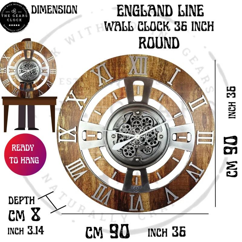 The Gears Clock Wall Clock 36" Oversized for Living Room decor with Real Moving Gears England Collection