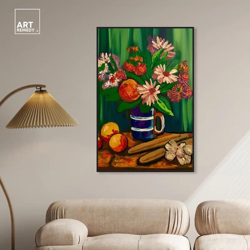 Art Remedy Floral Vase and Fruits