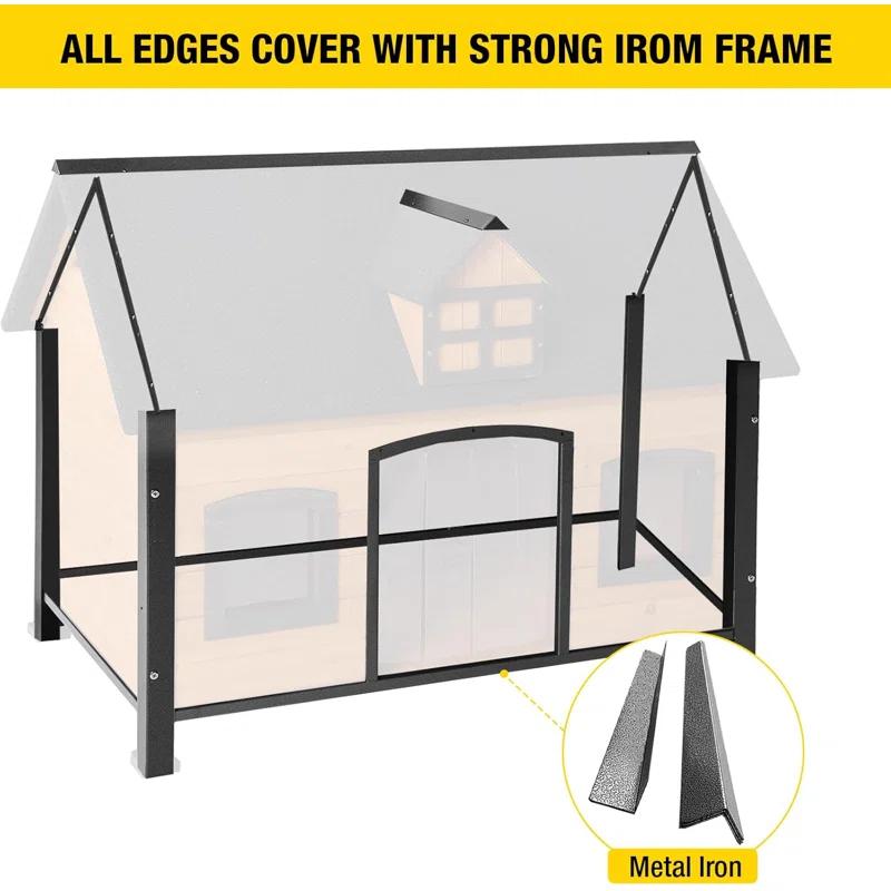 Archie & Oscar™ Insulated Outdoor Dog House with Insulated Liner, Anti-Chewing Iron Frame Wooden Dog Kennel with Unique Design Roof, Weatherproof Dog House for Outdoor Indoor