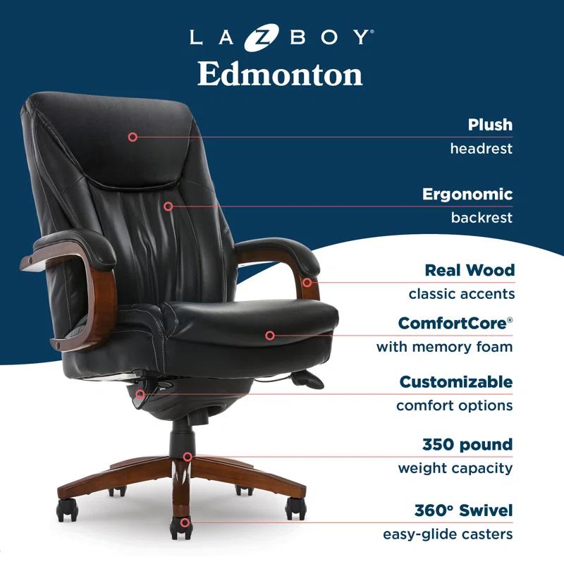 La-Z-Boy La-Z-Boy Edmonton Big & Tall Executive Office Chair, ComfortCore with Memory Foam Cushions, Real Wood Arms and Base, Waterfall Seat Edge, Bonded Leather