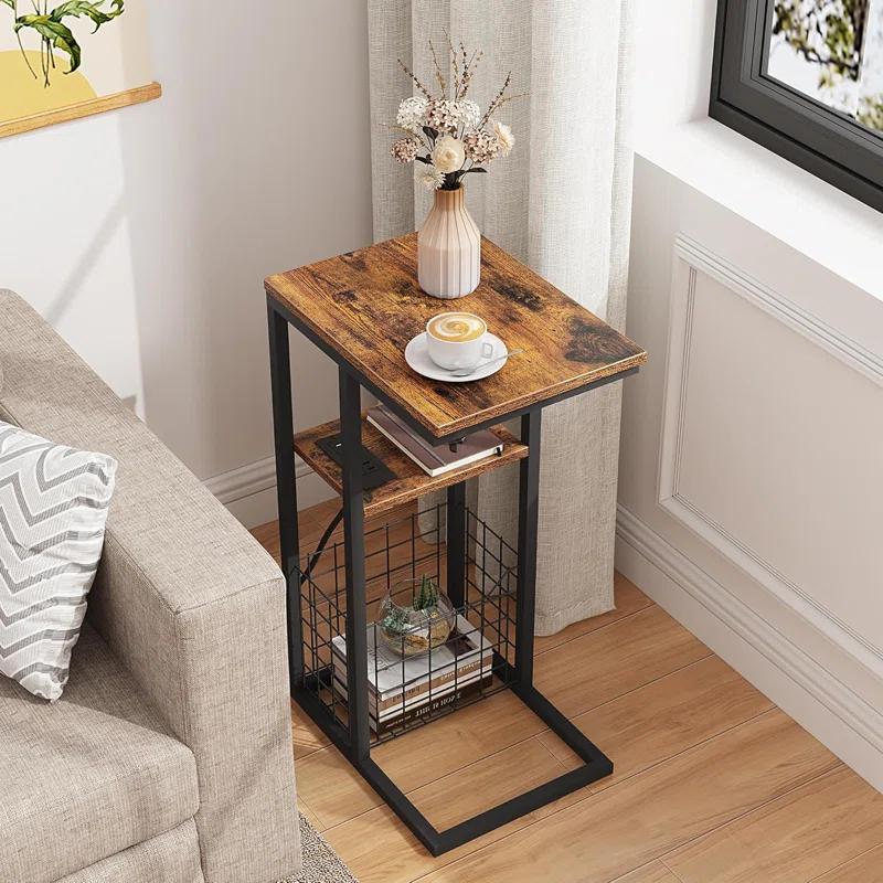 17 Stories C Shaped End Table With Charging Station, Side Table For Couch, Small Side End Table For Small Spaces, 28" High Slide Under Sofa Table For Coffee, Tv Tray Table For Living Room, Rustic Brown