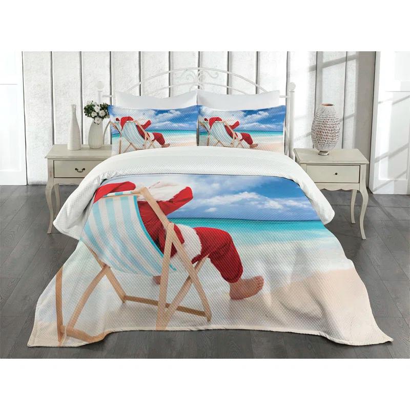 Ambesonne Ambesonne Santa Bedspread Set Relaxing at Exotic Beach Blue Sand Brown Red