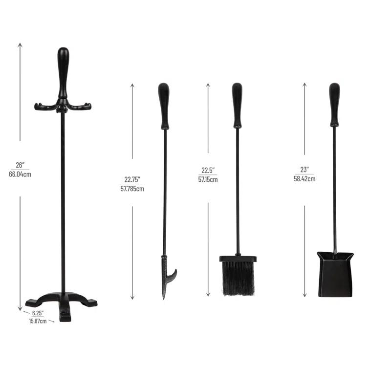Symple Stuff Fireplace Tool Set, Poker, Ash Brush, Shovel Scoop, Stand, Wrought Iron and Steel, 6.25"L x 6.25"W x 30"H