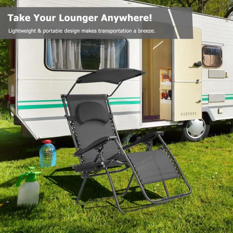 Arlmont & Co. Outdoor Folding Recliner Lounge Chair with Shade Canopy And Cup Holder