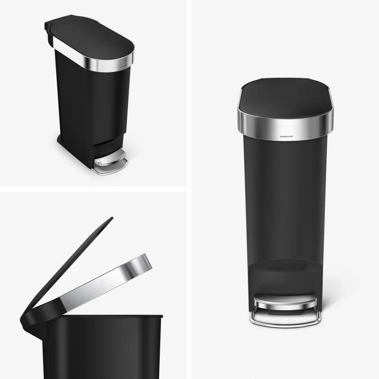 Simplehuman 40 Liter Slim Kitchen Trash Can, Black Plastic