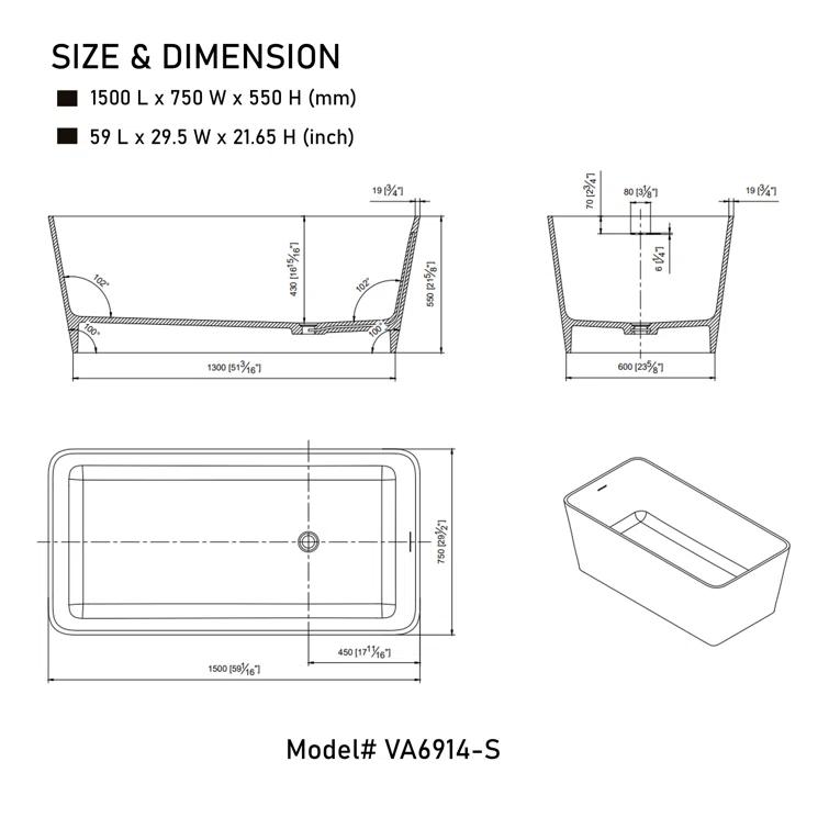 Vanity Art 59'' x 30'' Freestanding Soaking Solid Surface Bathtub VA6914-MS