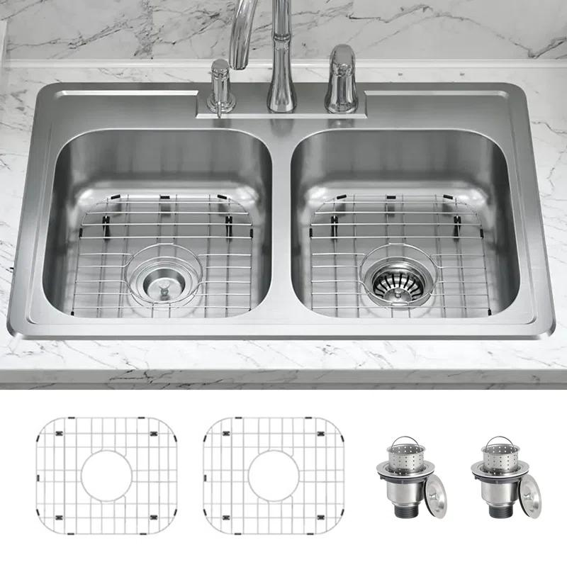 KDK HOME KH-3322T+Grid KDK HOME 33" x 22" Drop In Kitchen Sink 50/50 Double Bowl Sink with Bottom Grid & Basket Strainer