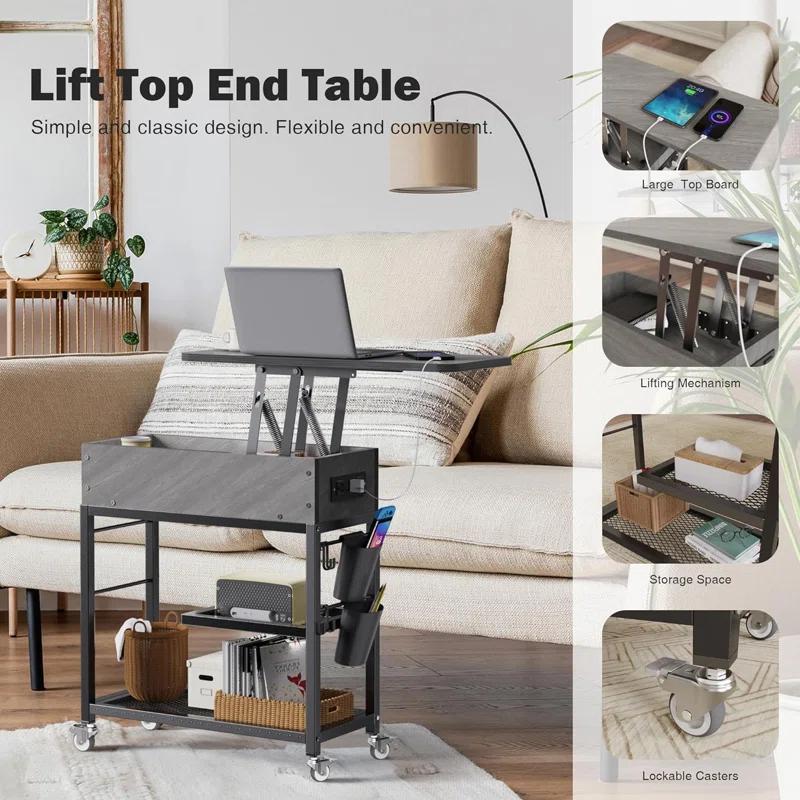 17 Stories Lift-Top End Table With Charging Station, Sofa Side Table, Nightstand With Wheels And USB Ports For Living Room, Bed Room, Study