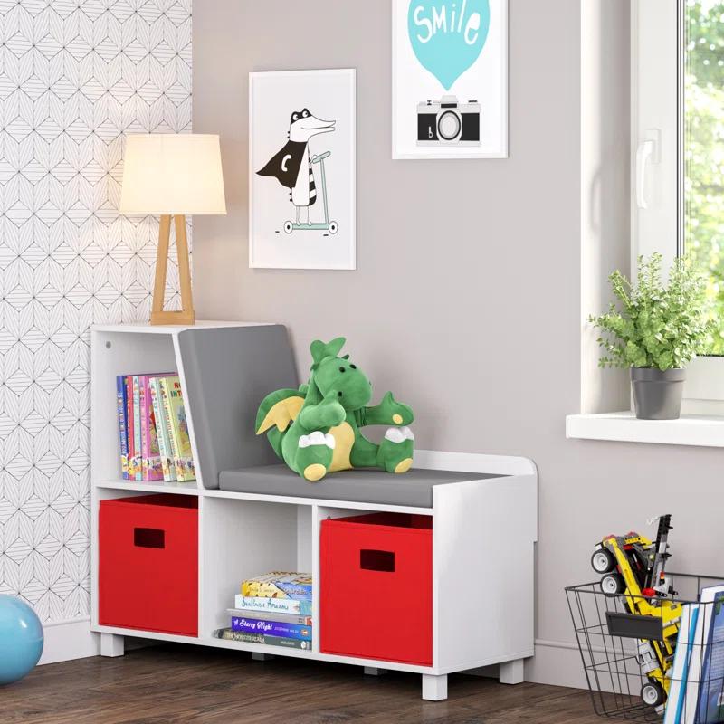 RiverRidge Home RiverRidge Kids Reading Book Nook Cushioned Toy Storage Bench with Cubby Organizers and 2 Fabric Bins- White