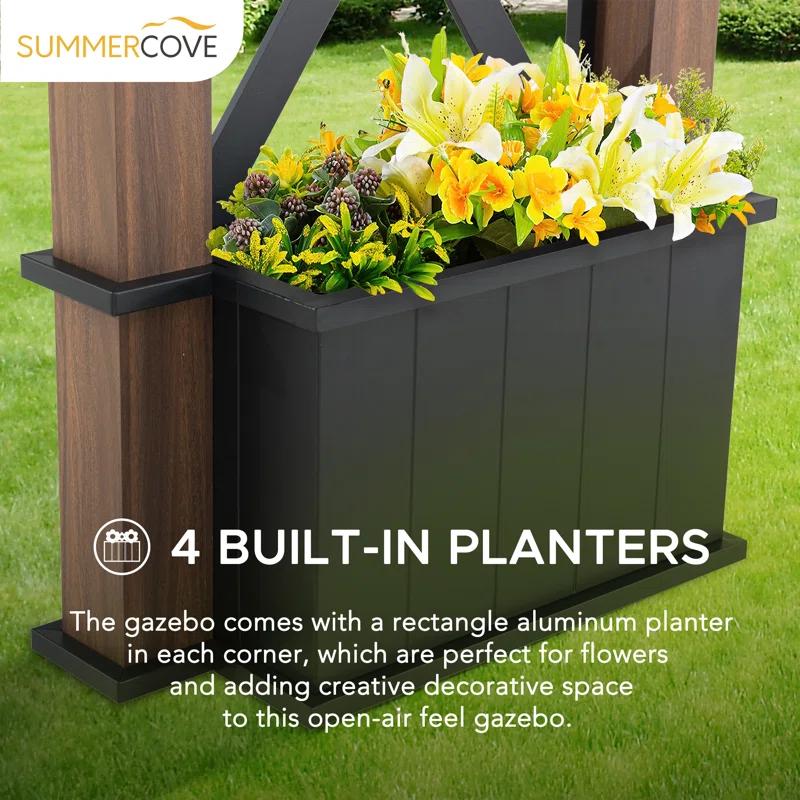 Sunjoy 13 ft. x 15 ft. Hardtop Gazebo, Outdoor Black Steel Roof Gazebo Aluminum Framed Gazebo with Planters and Ceiling Hook for Patio, Garden, and Backyard Activities