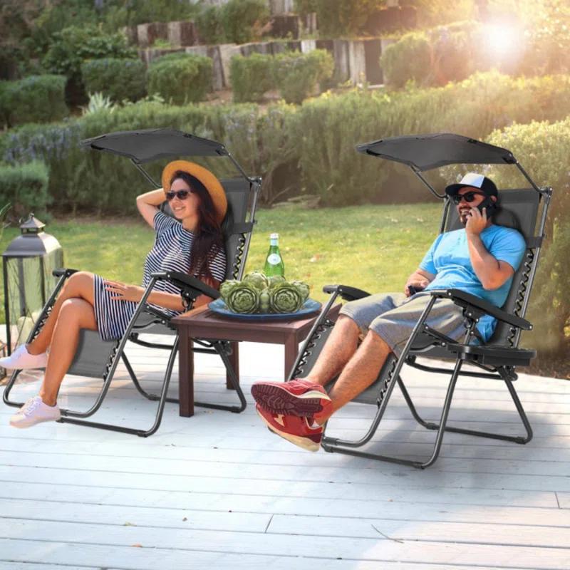 Arlmont & Co. Outdoor Folding Recliner Lounge Chair with Shade Canopy And Cup Holder