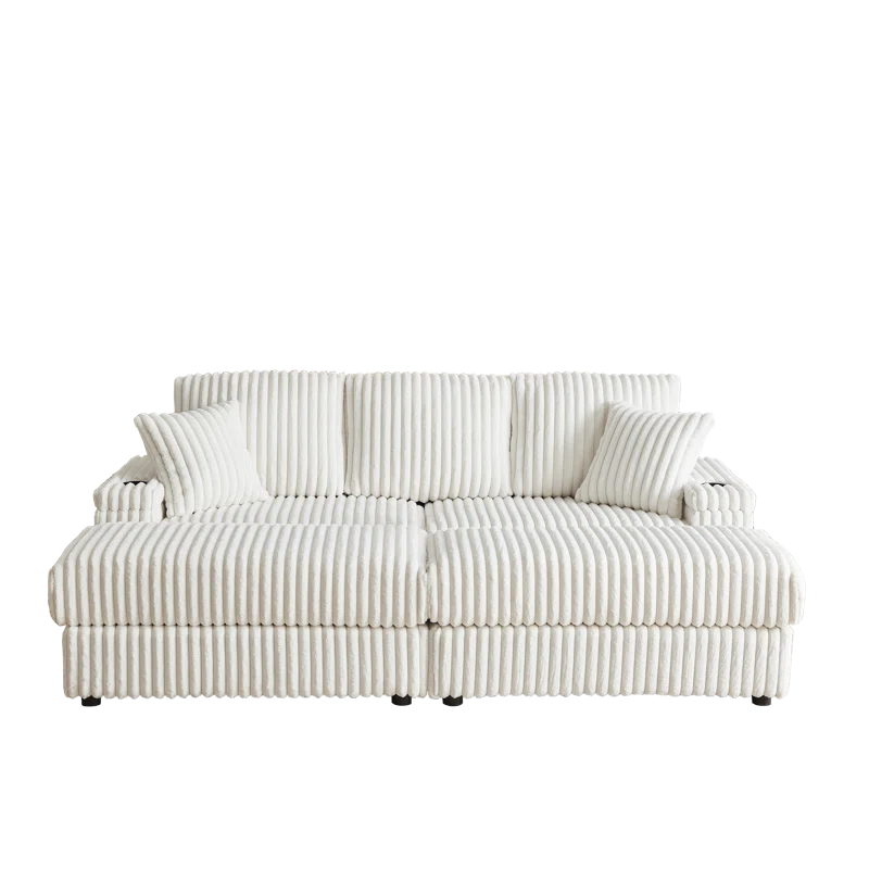YOPENG 84Inch Corduroy 3-Seater Sofa With 3 Back Pillows ,2 Toss Pillows , A Ottoman ,2Storage Spaces And Cup-Holding Grooves Comfy Sofa- Deep Seat Couch For Living Room