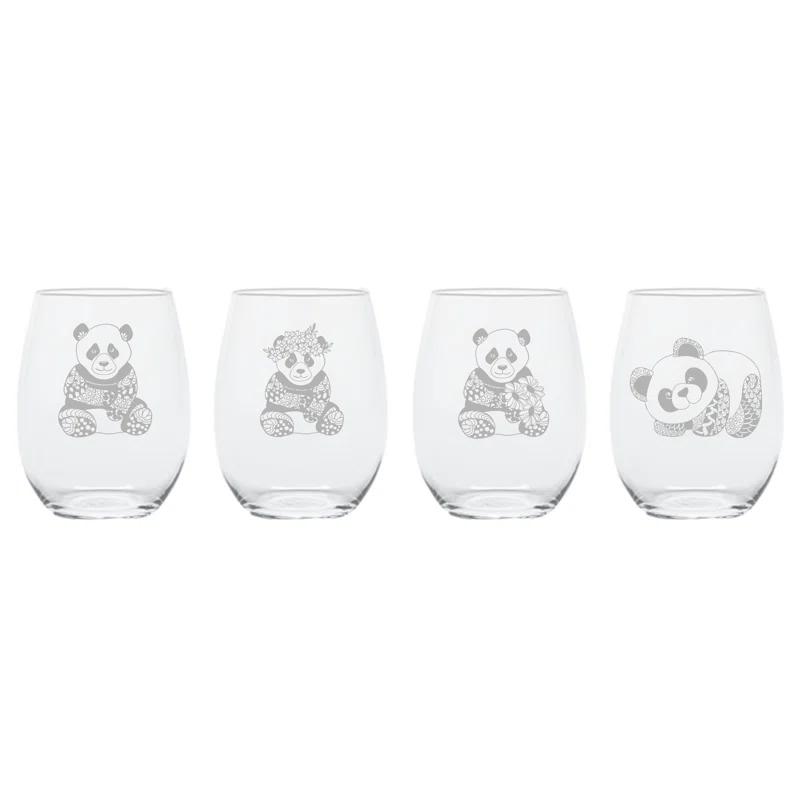 Bloomsbury Market Parryville Pandas 4 Piece 17 oz.  Stemless Wine Glass Set