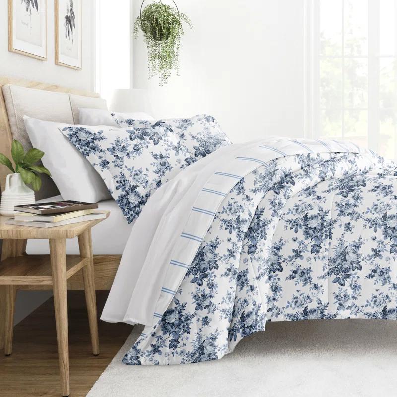 Becky Cameron Stone All Season Down-Alternative Comforter Set in Cabbage Rose Stripe & Reviews | Wayfair
