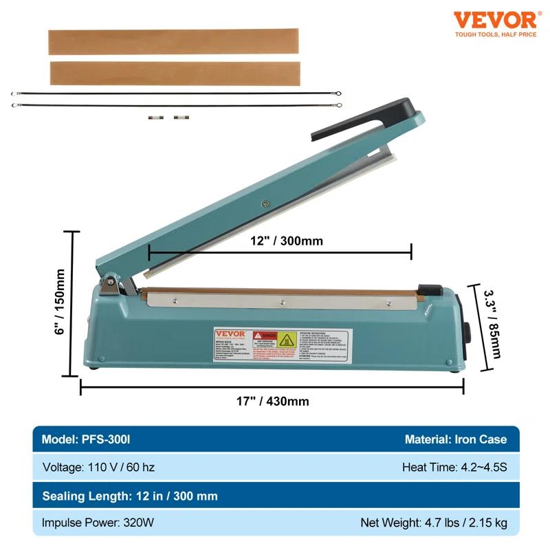VEVOR VEVOR 12" Iron Hand Impulse Heat Sealer Machine Poly Bag Sealing for Plastic Bag